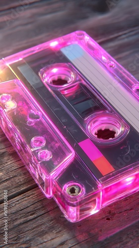Transparent vintage audio cassette shines pink light on wooden table surface