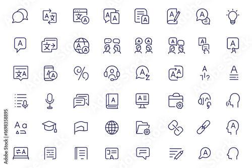 Language Translation Communication Web Icon Set, Linear Style Vector Illustration with Speech, Dictionary, Text, Writing, Vocabulary, Chat, Global Message, Online Multilingual Learning, Education