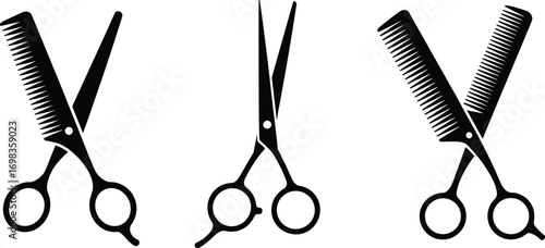 Hairdressing tools silhouette, scissors comb icon set, black illustration, barber shop symbol, grooming equipment design, hairstyling graphic, salon themed artwork