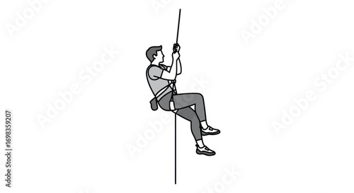 Man Rappelling Down a Rope with Safety Harness and Gear.