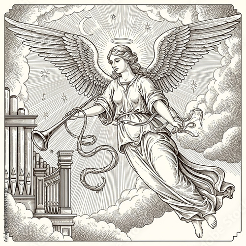 Christmas Angel Flying with Trumpet and Pipe - Vintage Engraving Style Illustration
