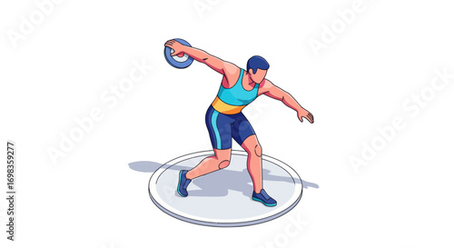 Dynamic illustration of a male athlete performing a discus throw in a circle.