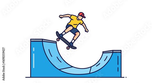 Skateboarder Performing a Trick on a Blue Ramp.