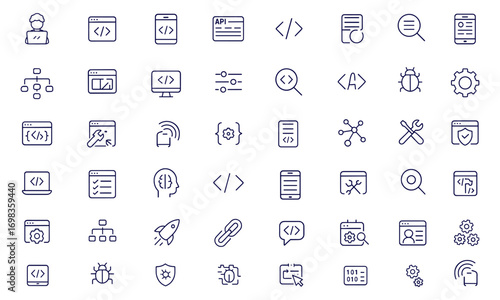 Developer, Coding, Programmer, Web, Mobile App Icons Set in Line Style, API, UI Design, Web Development, Code Flow, Node Connect, Bug Fix, Software, Technology, Digital, Interface, Vector