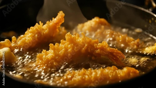 Close up of golden fried tempura shrimp cooking in hot oil in a dark pan. This dish shows a crispy and delicious Asian cuisine.