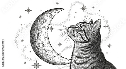 Hand-Drawn Engraving Style Cat with Moon Celestial Illustration