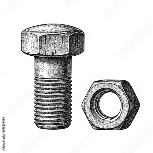 Vintage Bolt and Nut Detailed Stipple Engraving Style Illustration