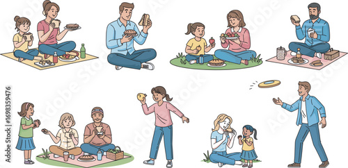 Cartoon people enjoying picnic in park with kids, food, drinks, frisbee, fruit, sandwiches, mats, and cheerful outdoor activities