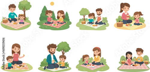 Happy cartoon families enjoying outdoor picnic in nature with kids, food, trees, sunshine, and bonding moments on colorful blankets