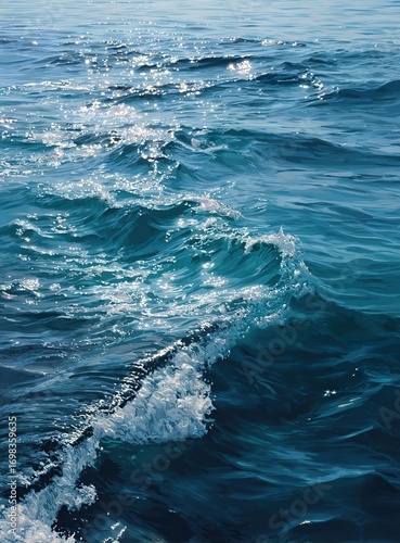 Photorealistic view of ocean waves creating gentle ripples under sunlight reflection