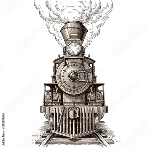 Vintage Steam Train Front View - Detailed Engraving Illustration of Antique Locomotive
