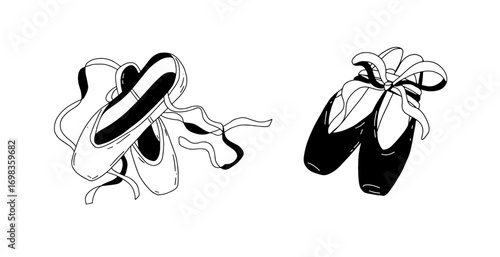 Pointe shoes with ribbons hand drawn line vector illustration set. Pair of Ballet footwear sketch drawings. Dancing symbol and icon.