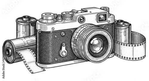 Vintage Film Camera and Film Rolls Engraving Style Illustration 