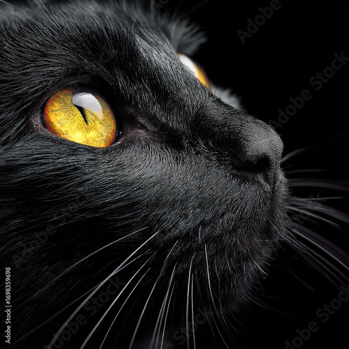 Stunning macro shot of a black cat with glowing yellow eyes