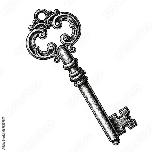 Vintage Stipple Engraving Style Illustration of Old-Fashioned Key on Transparent Background