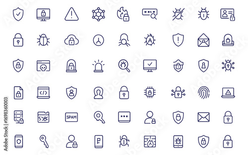 Cybersecurity icon set, line style vector illustration for web and mobile apps, data protection, network security, password lock, shield access, hacker defense, digital safety, privacy