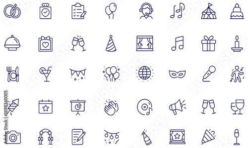 Event planning icon set, linear style vector illustration for wedding, party, celebration, catering, invitations, coordination, management, entertainment, ceremony, festival, birthday, corporate