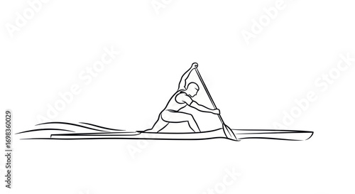 Line Drawing of a Kayaker Paddling a Canoe.