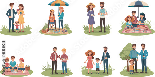 Cartoon people enjoying outdoor picnic, family bonding, games, food, drinks, umbrella shade, and relaxing moments in park nature setting