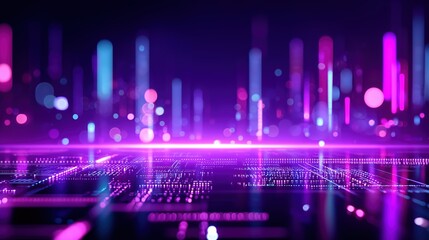 Immersive digital background with glowing neon lights and pixelated code patterns, futuristic cyberpunk atmosphere with purple hues creating modern tech vibes for high resolution design concepts.