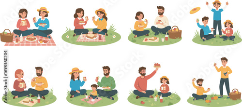 Happy cartoon families enjoying outdoor picnic in nature with kids, food, trees, sunshine, and bonding moments on colorful blankets