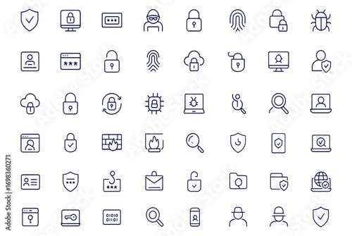 Cybersecurity icons set, line style vector illustration for web, mobile app, internet protection, data safeguard, password, lock, shield, hacker, firewall, privacy, encryption, malware, antivirus