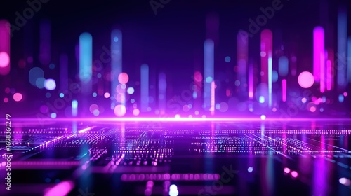 Immersive digital background with glowing neon lights and pixelated code patterns, futuristic cyberpunk atmosphere with purple hues creating modern tech vibes for high resolution design concepts.