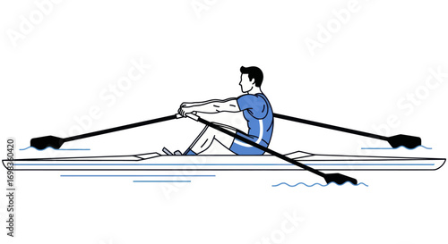 Single Scull Rower in Action Rowing Boat with Oars.