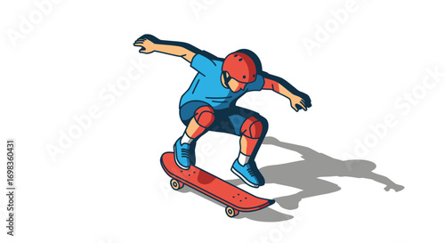 Young person in protective gear skateboarding with dynamic motion and shadow.