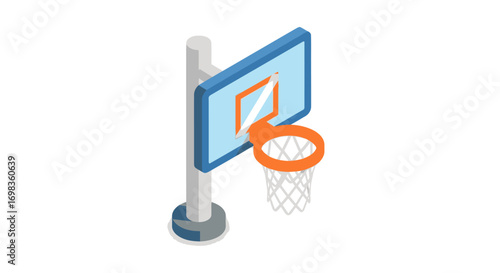 Isometric basketball hoop with backboard and net.
