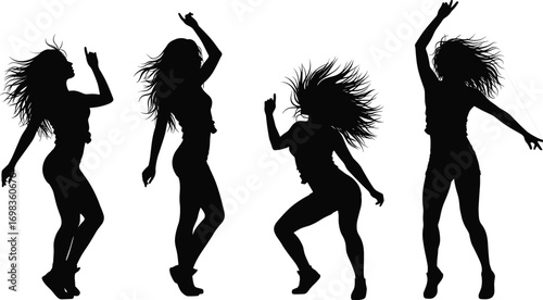 Silhouettes of dancing women with flowing hair, energetic movement, party vibes, celebration, dynamic poses, female dance art vector illustration.