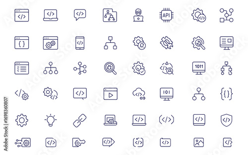 Coding, programming, developer and software icons set, line style for web and mobile apps, code, API, IT, workflow, testing, deploy, monitor, algorithm, vector illustration, website, outline