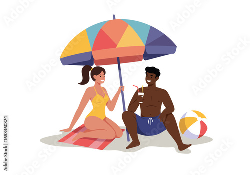 Joyful couple relaxing on a sunny beach under a colorful umbrella, enjoying refreshing drinks and summer vibes.
