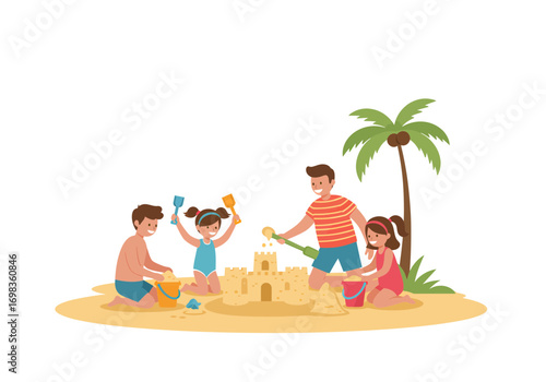 Joyful family creates amazing sandcastle together on sunny beach vacation, pure summer fun and bonding