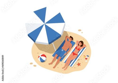 Joyful couple relaxing on a sandy beach under a blue and white umbrella, enjoying a perfect summer vacation day with a drink and beach ball.