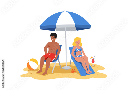 Joyful couple relaxing on beach chairs under a vibrant umbrella, enjoying summer vacation with drinks and beach ball