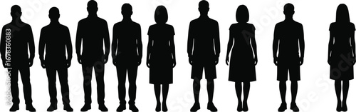 Silhouettes of diverse men and women standing in row, casual and formal clothes, group people vector illustration for business.