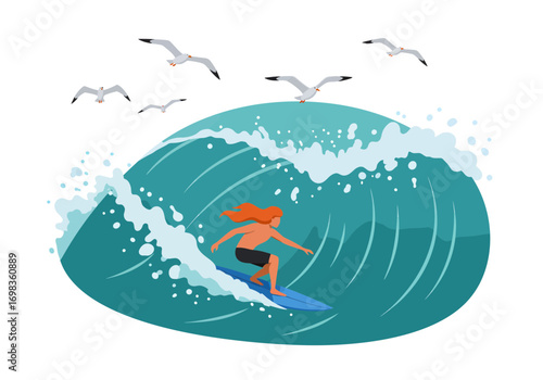 Dynamic surfer rides a massive ocean wave with seagulls soaring above in a vibrant coastal scene
