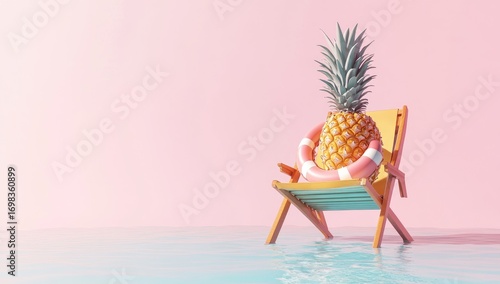 3D render of a pineapple sitting on a beach chair with a life preserver in the middle of blue water, against a pink background