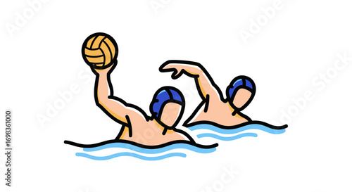Two water polo players in action one holding a ball above water.