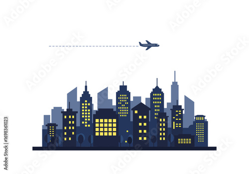 Night City Skyline with Flying Airplane