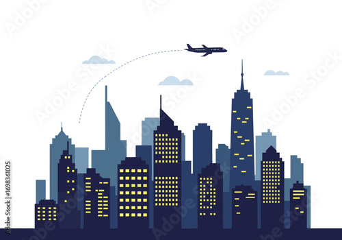Airplane flying over a city skyline at night