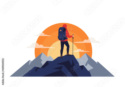 Hiker on Mountain Summit at Sunset