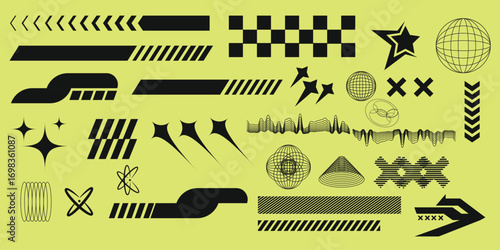 Retrofuturistic, y2k, rave trip elements set. Acid geometric shapes in y2k style. Psychodelik, vaporwave 80s, 90s elements. Y2k symbols Translation of Japanese inscriptions - cyberpunk, paradise