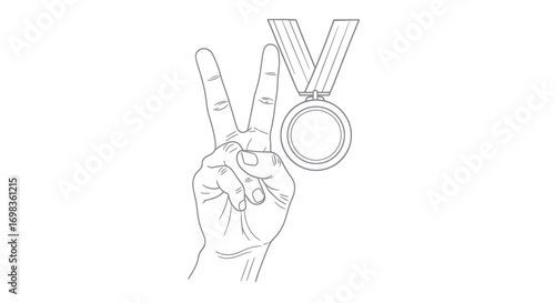 Hand Gesturing Victory with Award Medal.