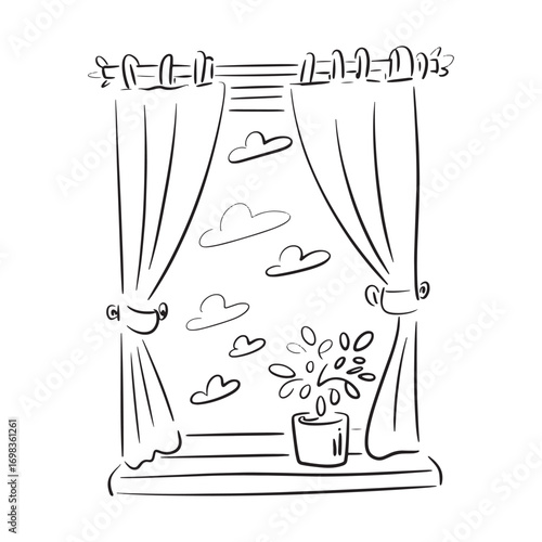 Whimsical Window Scene Black and White Drawing Clouds Curtains Potted Plant and Playful Charm in a Hand Drawn Style