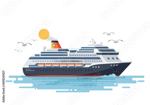 Majestic cruise ship sails on bright sunny day with seagulls overhead, evoking vacation dreams and luxury travel adventures.