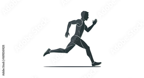 Stylized dark silhouette of a muscular male athlete sprinting in a dynamic pose.