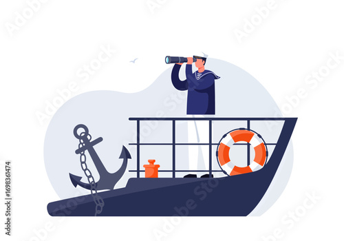 Sailor on ship deck gazes through spyglass searching horizon for new opportunities and adventures