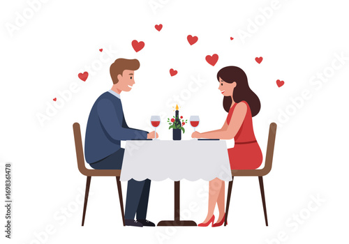 Romantic couple enjoys intimate dinner date with wine and candlelight surrounded by floating hearts, celebrating love and connection